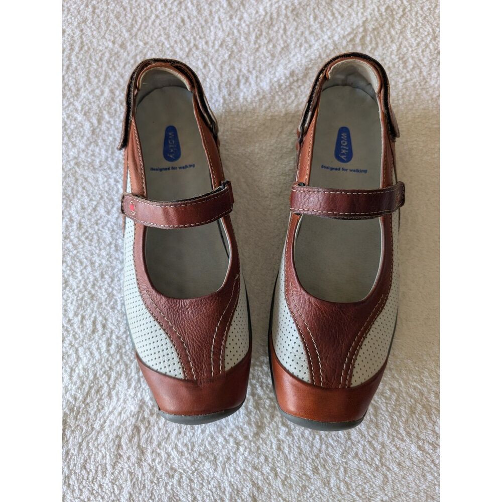 Wolky 41 Mary Jane Walking Shoes Brown Cream Leather Comfort Hook Loop